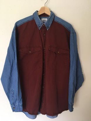 Colorblock Denim Button Up Shirt Chambray Western Utility Tactical Rodeo Workwear veste de poche carrée Patchwork Maroon Light wash