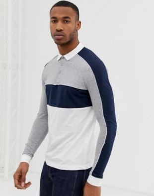 ASOS DESIGN long sleeve polo shirt with color block and contrast piping in navy | ASOS