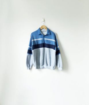 90s Blue - Gray Colorblock Sweatshirt - Button Collar 90s Sweatshirt - 90s Polo Shirt - Homme L