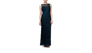 SL Fashions Womens Lace Sheer Formal Dress Blue 16