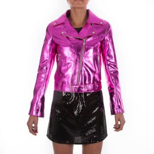 Women soft genuine lambskin lamb leather biker jacket slim fit color Metallic hot pink Fuchsia