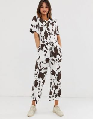 Contrast stitch t-shirt jumpsuit in cow animal print