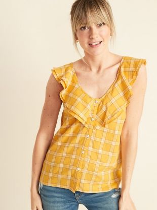 Sleeveless Plaid Ruffle-Trim V-Neck Top for Women
