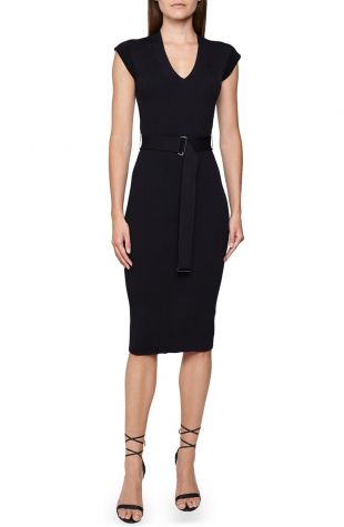 Navy Belted Cap Sleeve Body-Con Dress