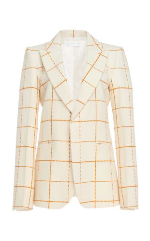 Embroidered Plaid Wool Crepe Blazer