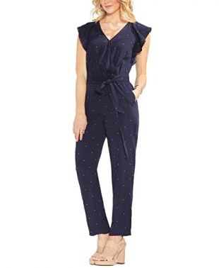Vince Camuto Women's New Pin-Dot Flutter-Sleeve Jumpsuit (Navy,4)