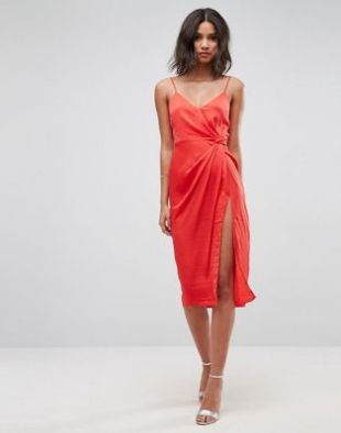Hammered Satin Strappy Pencil Midi Dress