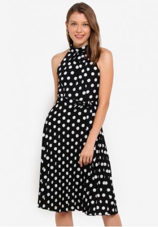 Petite Spot Halter Pleat Midi Dress