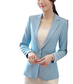 S&S-women Blazer Jacket Elegant Notched Lapel Pocket One Button Suit Coat Sky Blue
