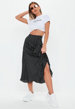 Black Polka Dot Frill Midi Skirt