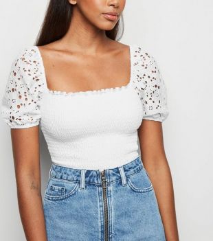Off White Lace Shirred Milkmaid Top