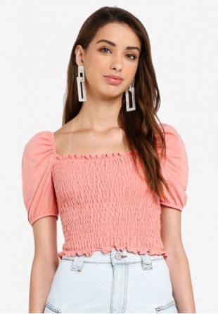 Pink Short Sleeved Shirred Milkmaid Top