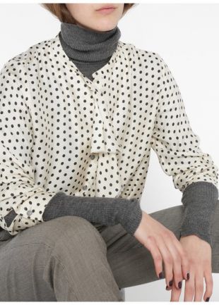 CHEMISE COL ROND À JABOT IMPRIMÉE POIS EN CRÊPE MÉLANGÉ ECRU/NOIR