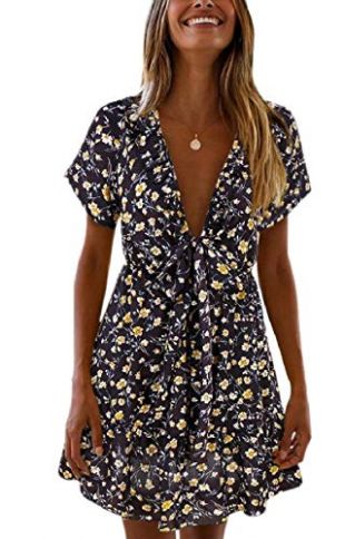 yieg-mx Womens Estampado Floral Mini Vestido con Cuello en V Vestido de Manga Corta de Swing Black L