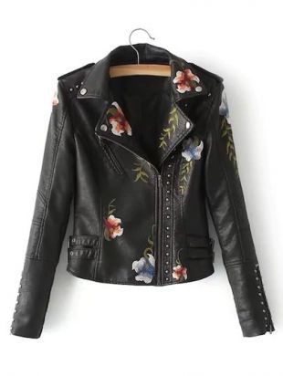 Floral Embroidered Studded Detail PU Moto Jacket