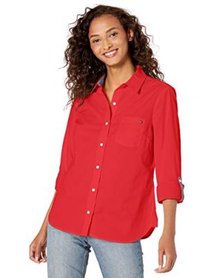 Tommy Hilfiger Women's Roll Tab Button Down Shirt, Scarlet, S