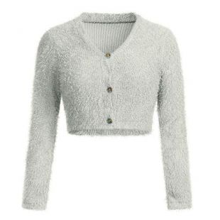 KaiCran Womens V-Neck Button Fluffy Mohair Long Sleeve Knit Crop Top Cardigan Sweater Tops