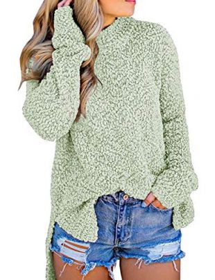 MEROKEETY Women's Long Sleeve Sherpa Fleece Knit Sweater Side Slit Pullover Outwears Mint