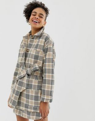 Longline belted jacket in beige check