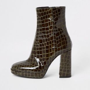 Brown leather croc platform heel boots