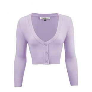 Lilac Purple v-Neck 3/4 Sleeve Crop-ped Cardigan Sweater Top (M)