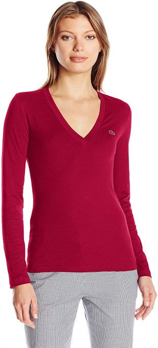 Long SleeveVneck Tee Shirt in Bordeaux