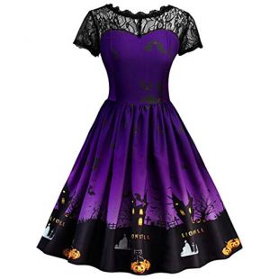 DEELIN Femme Halloween Party Retro Manches Courtes Une Ligne Robe Dentelle Patchwork Fairy Tale Vintage Dress (X-Large, Violet)