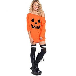ADESHOP Élégant Robes Femmes Robe Slash Cou Costume Citrouille Halloween DéGuisements Manches Longues Chic Mini Robe Couleur Pure Slim Sweat Casual Jupe Au Genou (L, Orange)