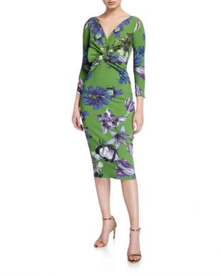 Floral V-Neck Knot-Front 3/4-Sleeve Dress