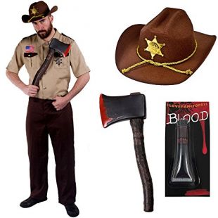 ILOVEFANCYDRESS Déguisement du célèbre shérif Chasseur de Zombie de la série américaine avec la Chemise + Le Pantalon + Le Chapeau + Une Hache + Sang. Ideal pour Les fêtes d'halloween. ( Large )