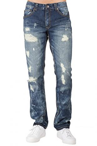 Level 7 Men's Premium Jeans Slim Straight Leg Destroyed Blue Bleach Splatter Size 32 X 32