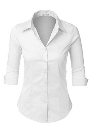 SUNNOW Women's Roll Up White Tailored 3/4 Sleeve Button Down Shirt with Stretch