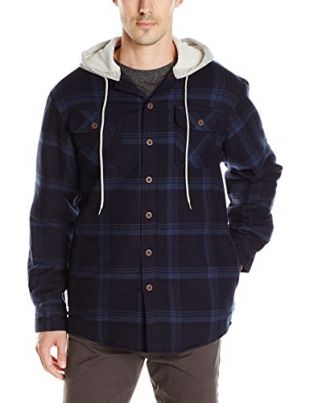 Wrangler Authentics Mens Long Sleeve Quilted Lined Flannel Shirt Jacket with Hood, Total Eclipse With Heather Gray Hood, XL