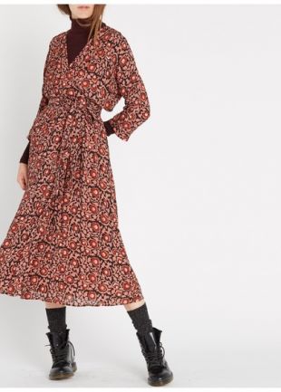 ROBE MIDI COL V IMPRIMÉE EN CRÊPE ROSE