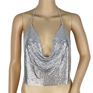 IMJONO Hauts Femmes Camisole Sexy Débardeur à Paillettes avec Chaîne Licou Dos Nu Col en v Couleur Unie Top