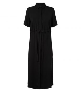 Robe chemise mi-longue noire à cordon de serrage à la taille