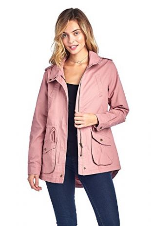 Khanomak Women's High Neck Long Sleeve Drawstring Waist Long Cotton Utility Anorak Jacket (Large, Mauve)
