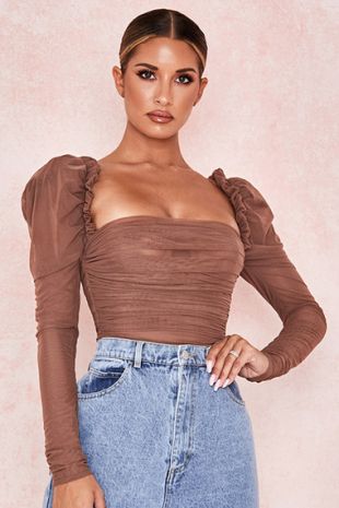 Clothing : Bodysuits : 'Emme' Mocha Ruched Chiffon Puff Sleeve Bodysuit