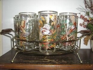 Vintage 1960's Game Bird Tumbler 8 Glasses & Ice Bucket & Caddy Gold Rim MINT