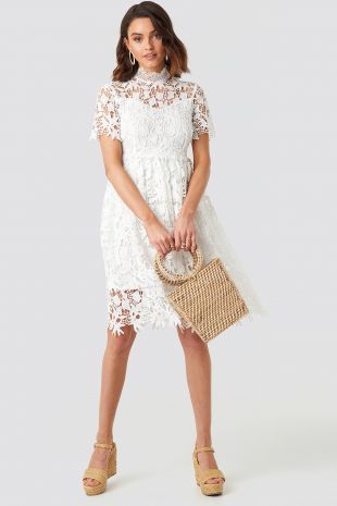 High Neck Short Sleeve Lace Dress Blanc