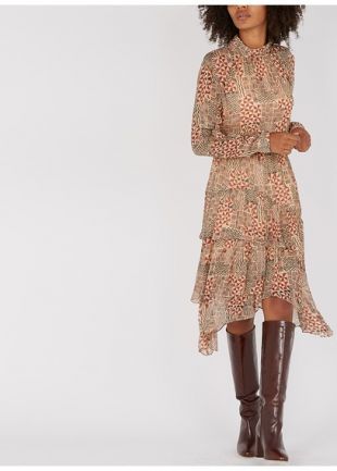 ROBE MIDI IMPRIMÉE CINTRÉE À COL VICTORIEN ET MANCHES LONGUES POUDRE |