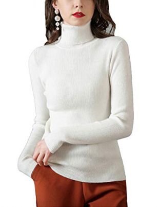 MFrannie Womens Soft Cozy Ribbed Stretchy Line Knit Turtleneck Sweater White M