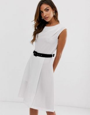 Closet London mini pencil dress with contrast belt detail in white