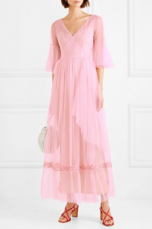 Robe longue portefeuille en tulle à perles Stella