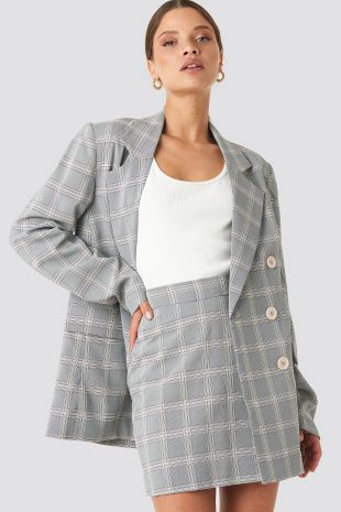 Light Checkered Double Breasted Blazer Blue