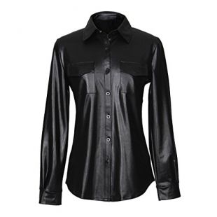 Mxssi Single-Breasted PU Black Leather Shirt Women Long Sleeve Faux Leather Tops Casual Ladies Office Blouses