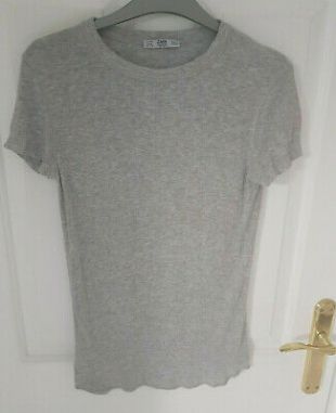 Grey Ribbed T-Shirt with Drop Hem