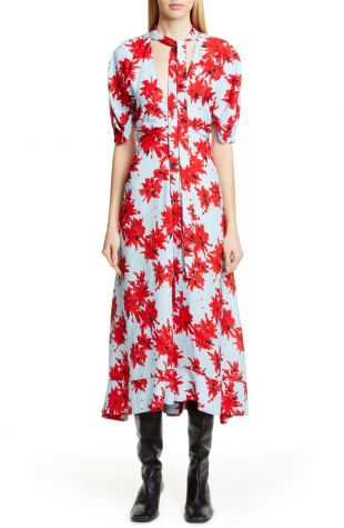 Proenza Schouler Blue and Red Floral Splatter Print Georgette V