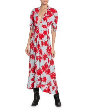 Floral-Splatter-Print Georgette V-Neck Dress