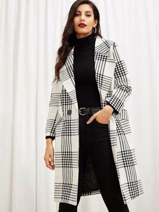 Manteau À Carreaux Ceinturé Avec Poches